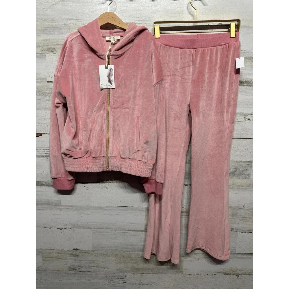 Jessica Simpson Tracksuit Set Girls 12 Blush Pink Velour Zip Hoodie Flare NWT